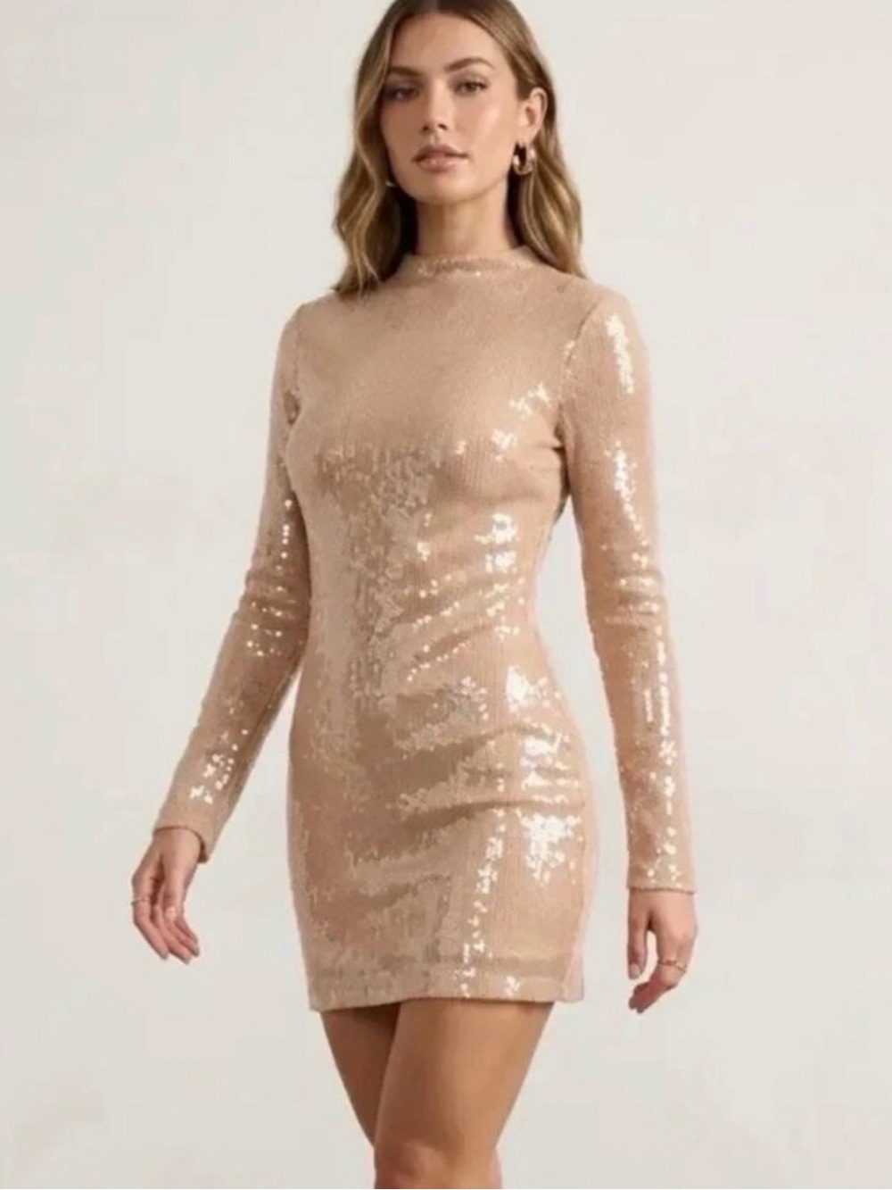 Lulu's Champagne Sequin Long-Sleeve Mini Dress